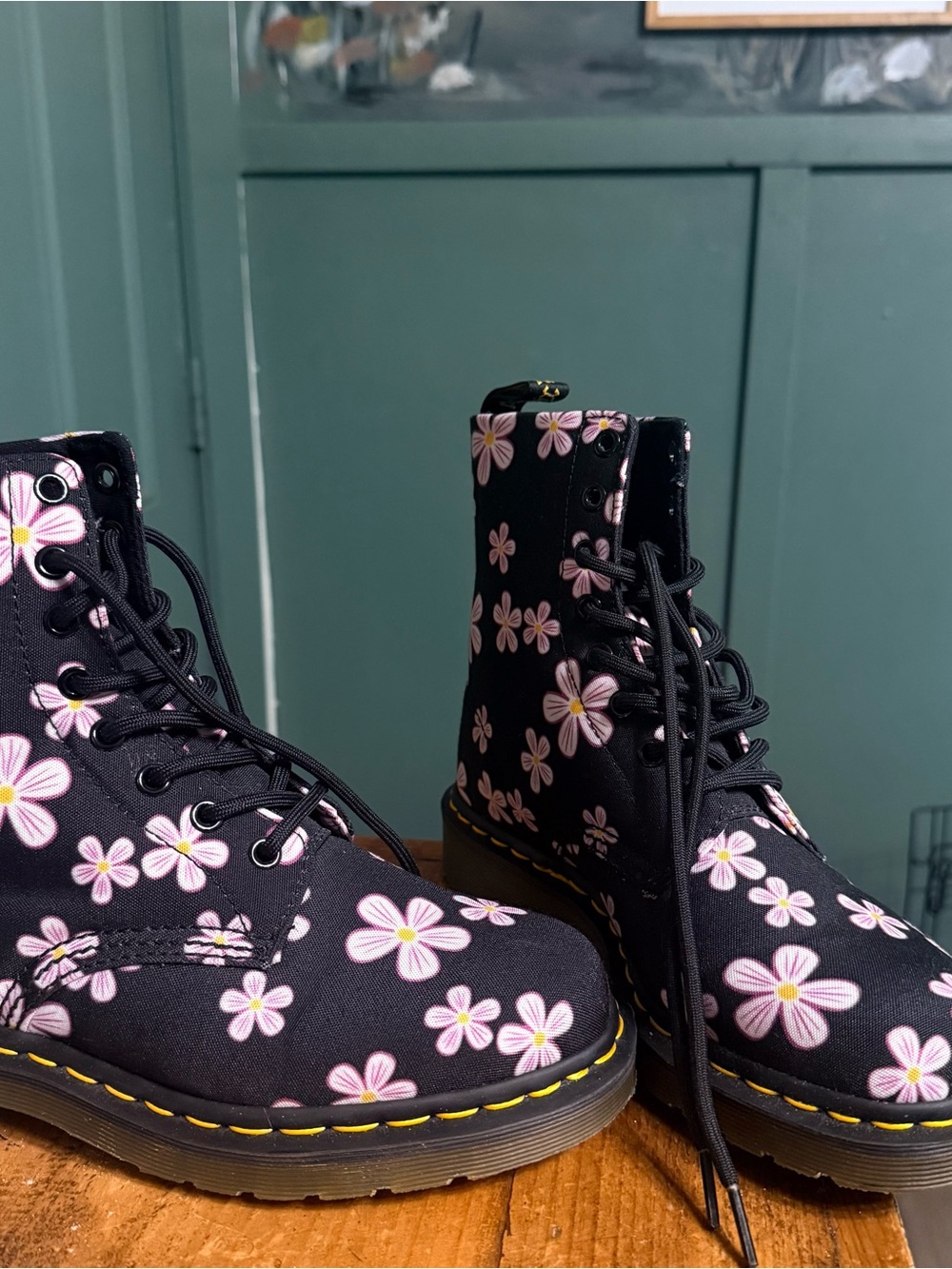 Dr. Martens Black Lace-Up Boots with Pink Floral Print